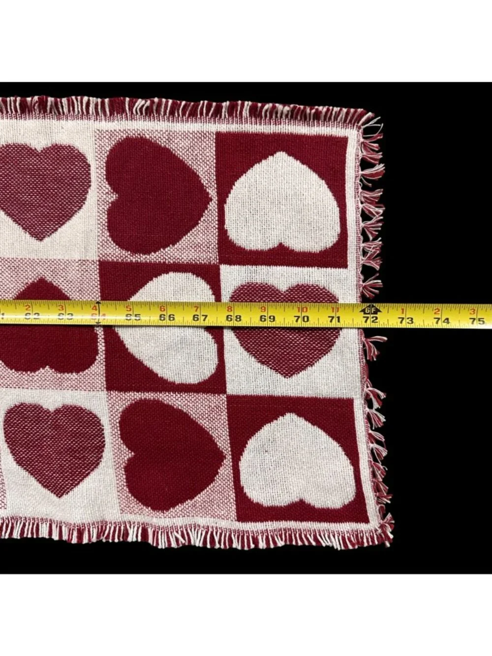 Vintage Red White Heart Woven Table Runner Tapestry Fringe Cottage Farmhouse